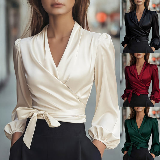 Womens Solid-Color V-Neck Elegant Satin-Bonded Shirt