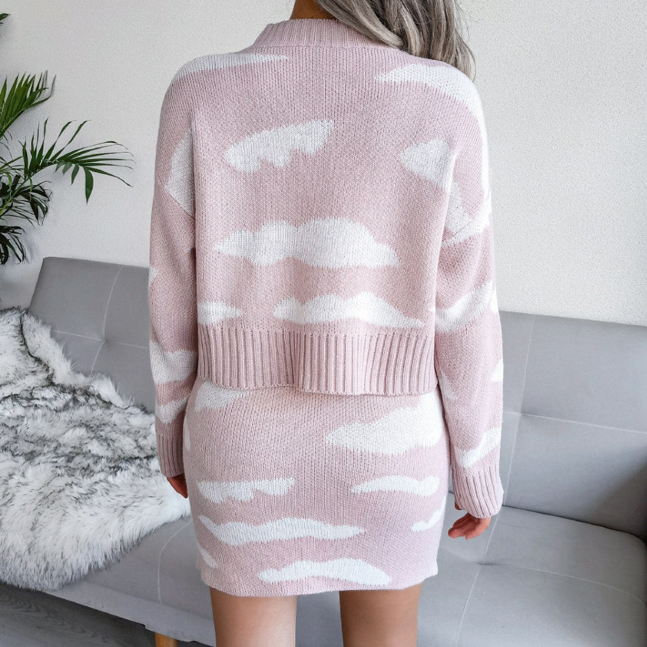 Women's Cloud Pattern Knitted Sweater And Pencil Skirt Set