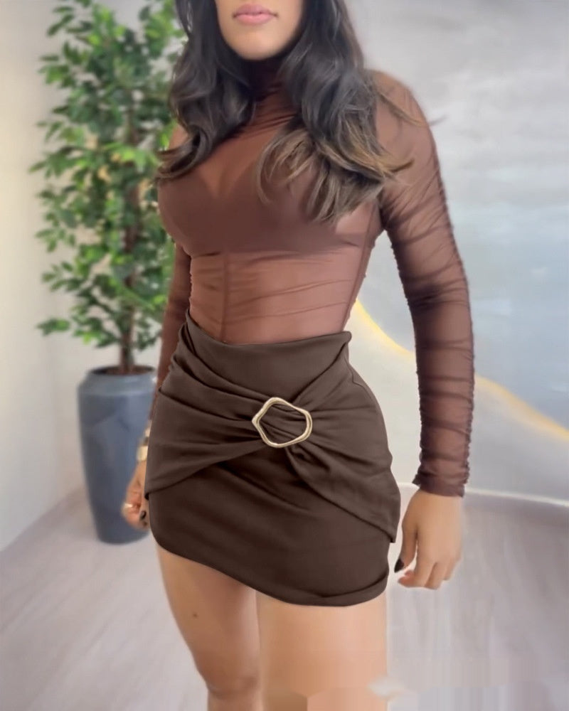 European And American-style Solid-color Jewelry-clasp Patchwork Pleated Culottes Shorts