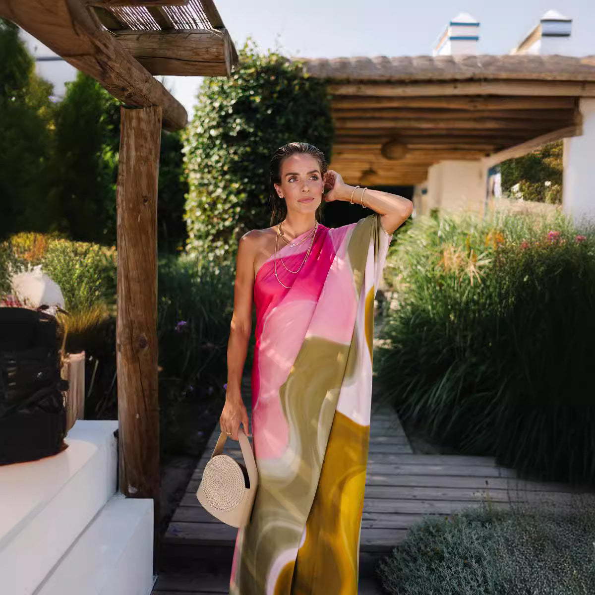 Sloping Shoulder Backless Printed Loose Dress