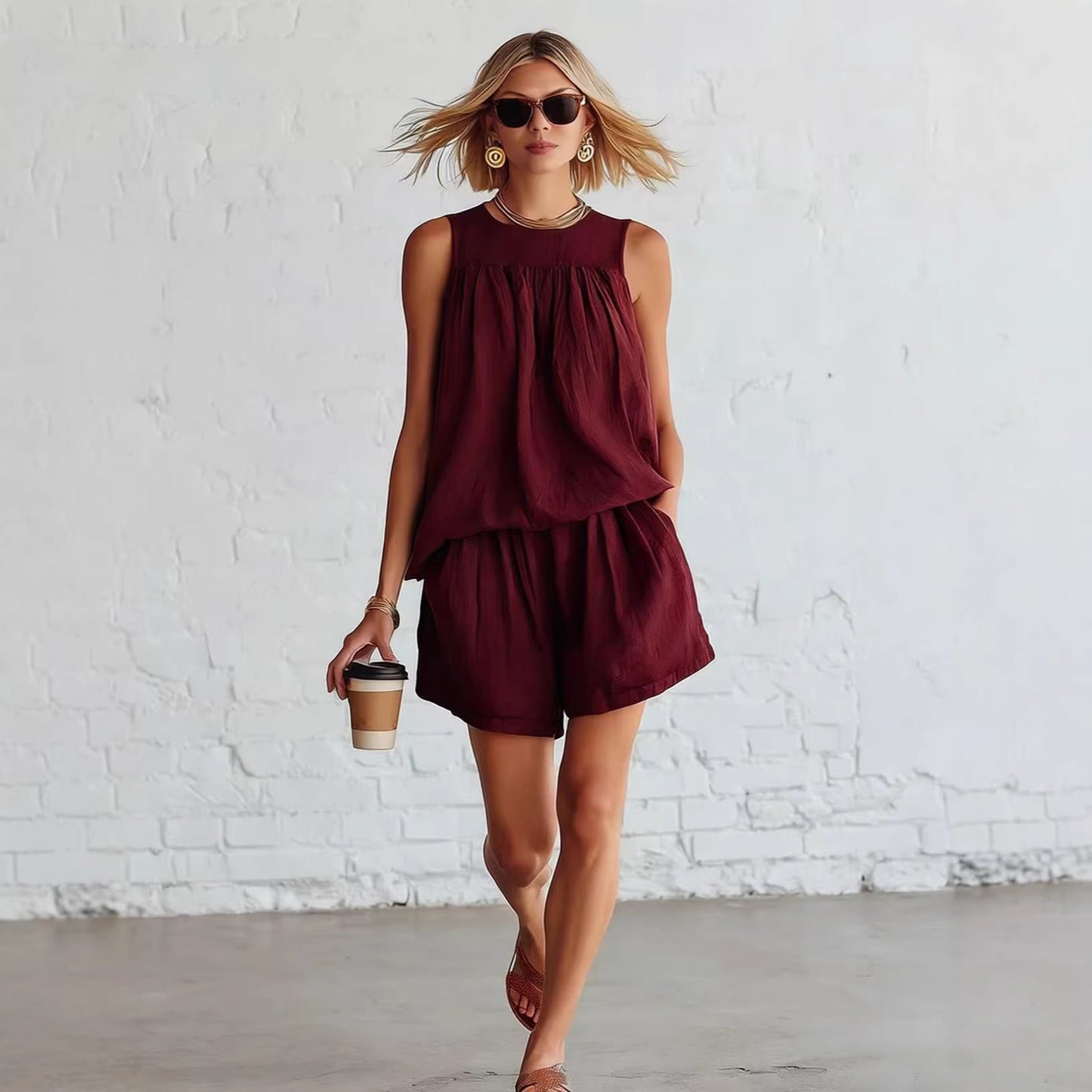 Womens Fashionable Retro Cotton-Linen Sleeveless Top And Wide-Leg Shorts Set