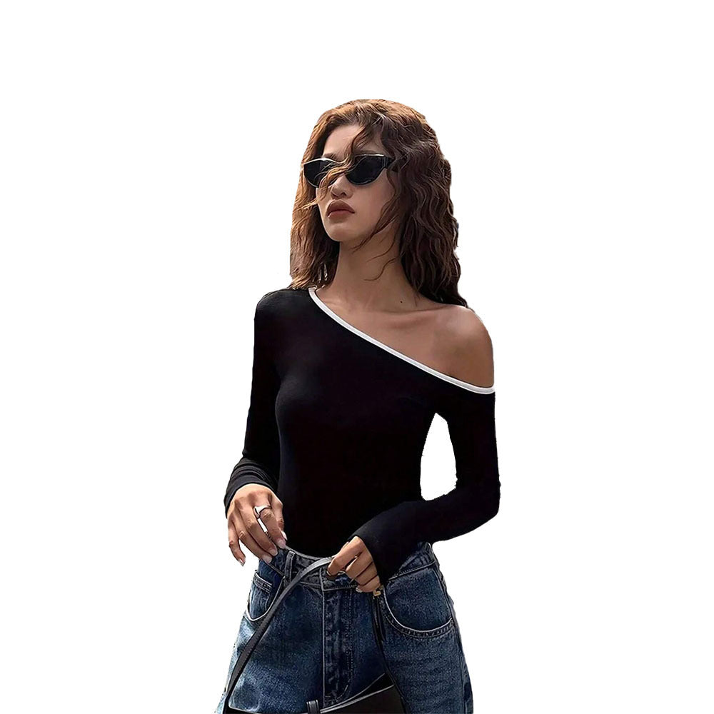 European And American Fashion Style Oblique Collar T-shirt Unique Design Sense For Autumn And Winter Niche Off-shoulder Top