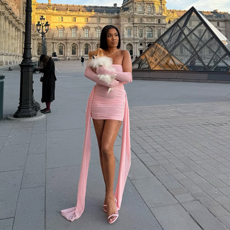 Elegant Pure Pleated Ribbon Sheath Sexy Tight Strapless Dress