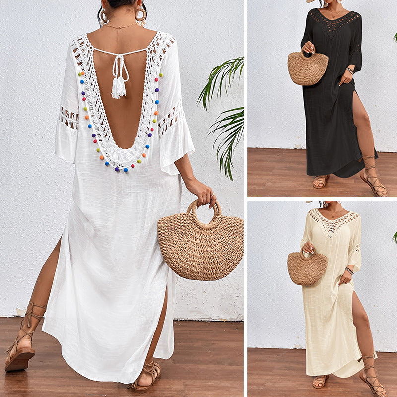 Hand Crocheting Stitching Colorful Ball Hollow Backless Loose Beach Overskirt