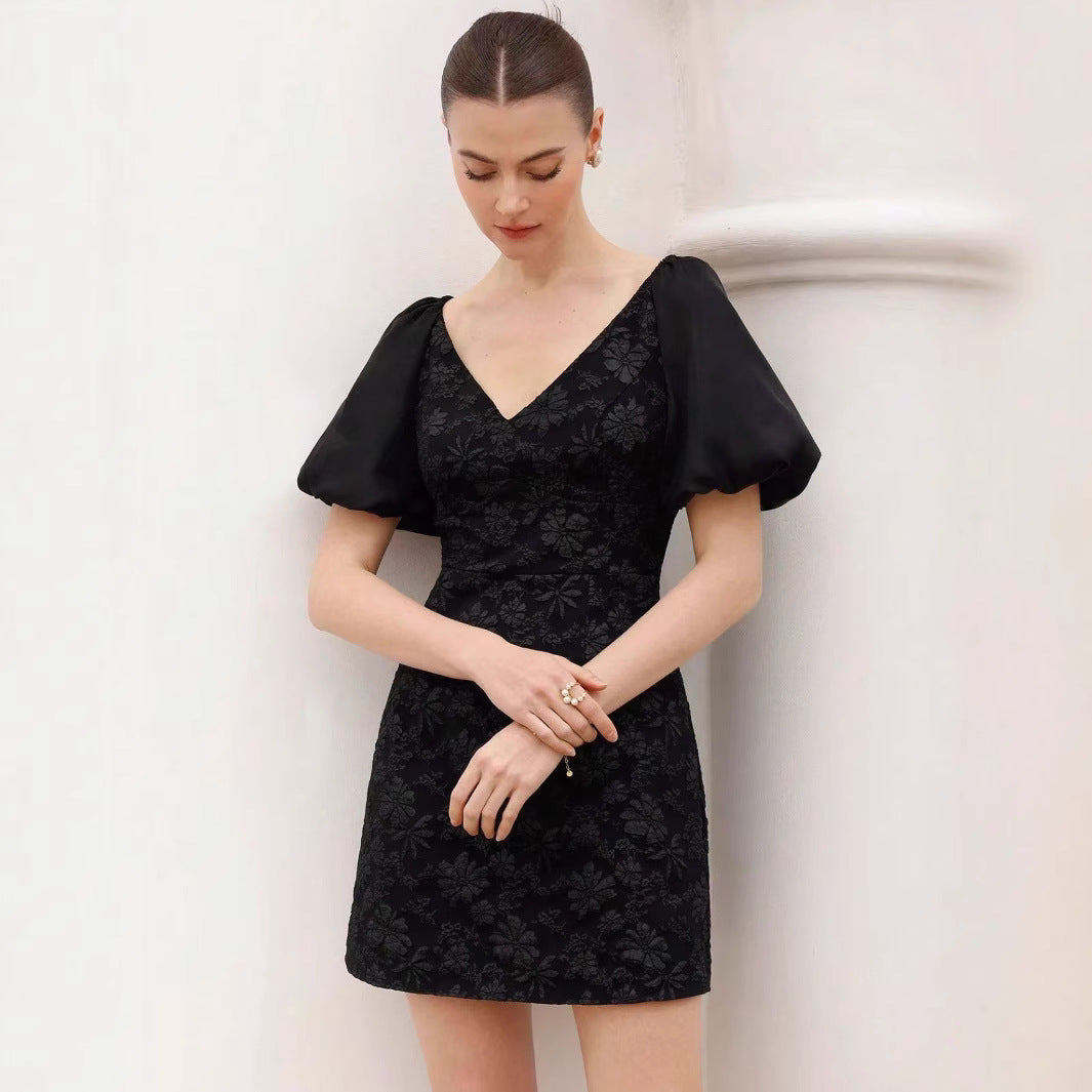 Retro Waist-Cinching Lace-Up Patchwork Pleated-Sleeve Dress