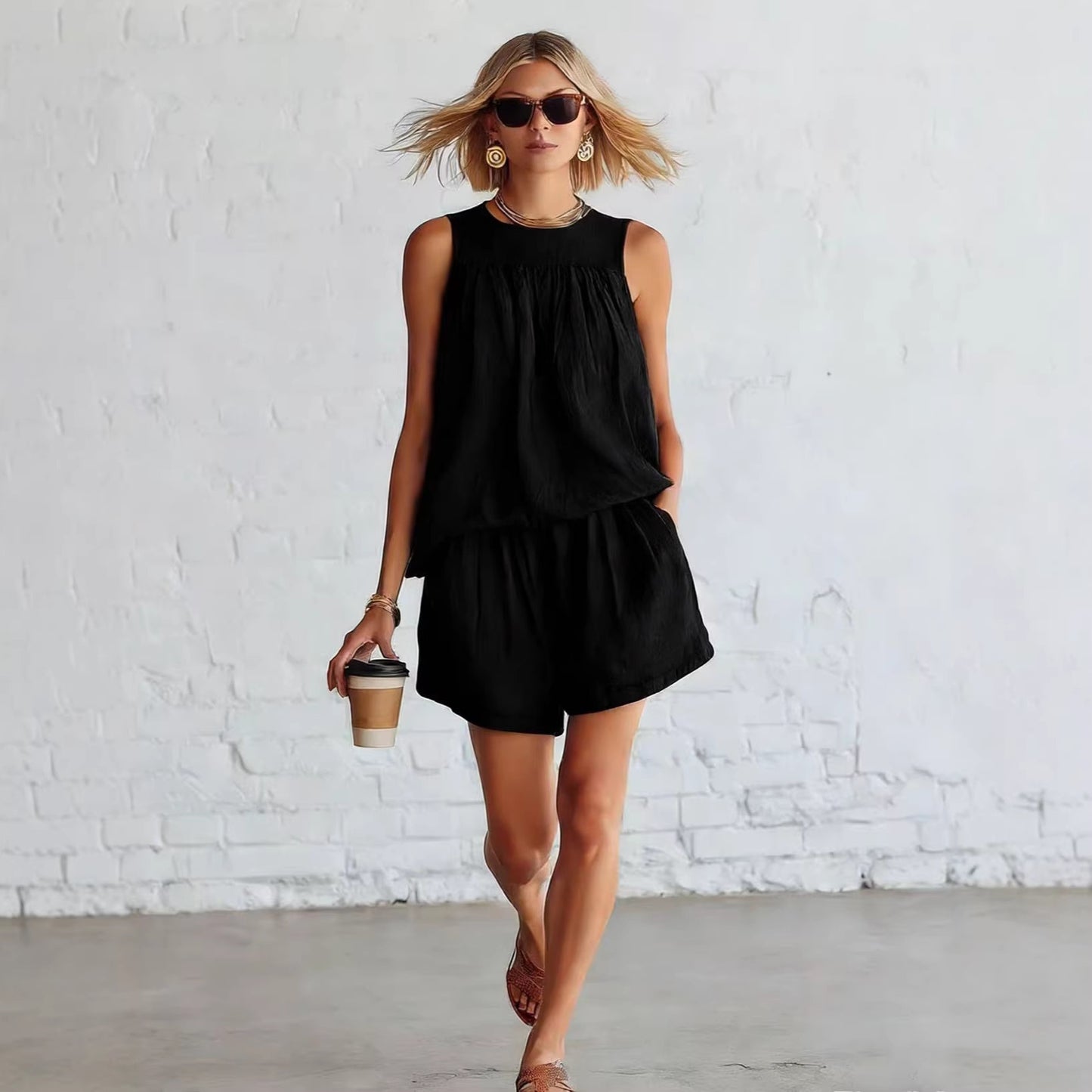 Womens Fashionable Retro Cotton-Linen Sleeveless Top And Wide-Leg Shorts Set