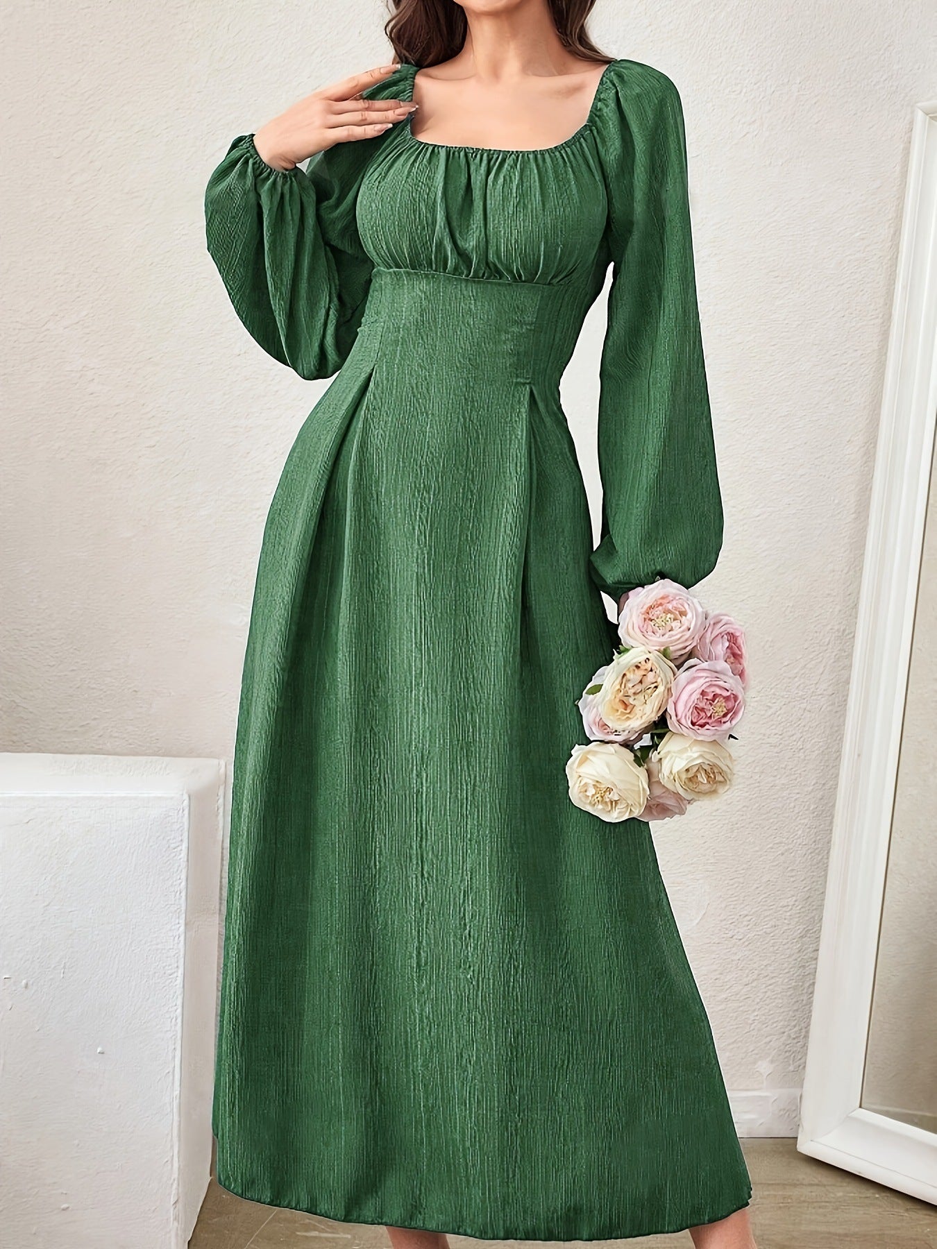 Stunning Textured Cross Tie Lantern Sleeve Midi Dress