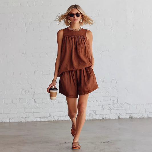 Womens Fashionable Retro Cotton-Linen Sleeveless Top And Wide-Leg Shorts Set