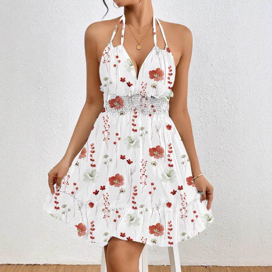 European And American Women Printed Sexy Halter Spaghetti Straps Dress