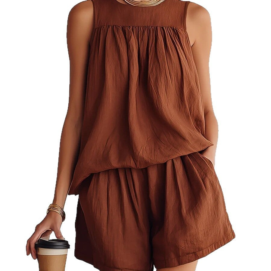 Womens Fashionable Retro Cotton-Linen Sleeveless Top And Wide-Leg Shorts Set