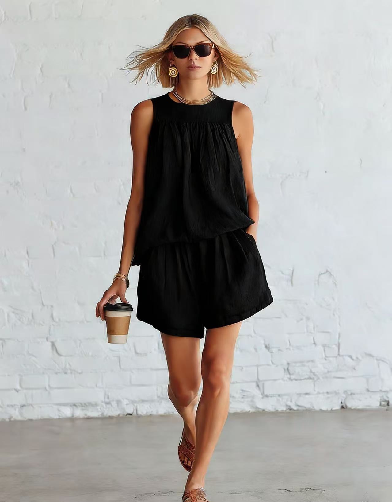 Womens Fashionable Retro Cotton-Linen Sleeveless Top And Wide-Leg Shorts Set