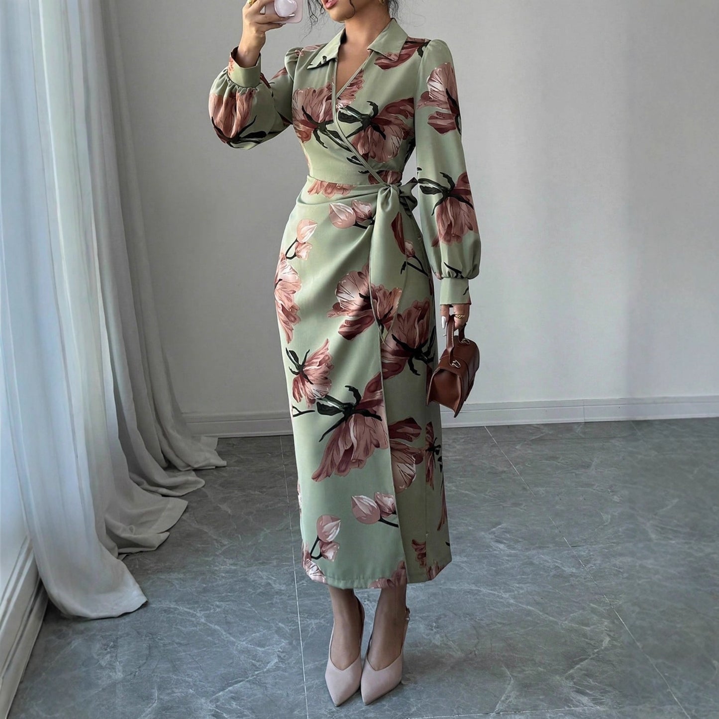 Long Sleeve Printed Tie Dress