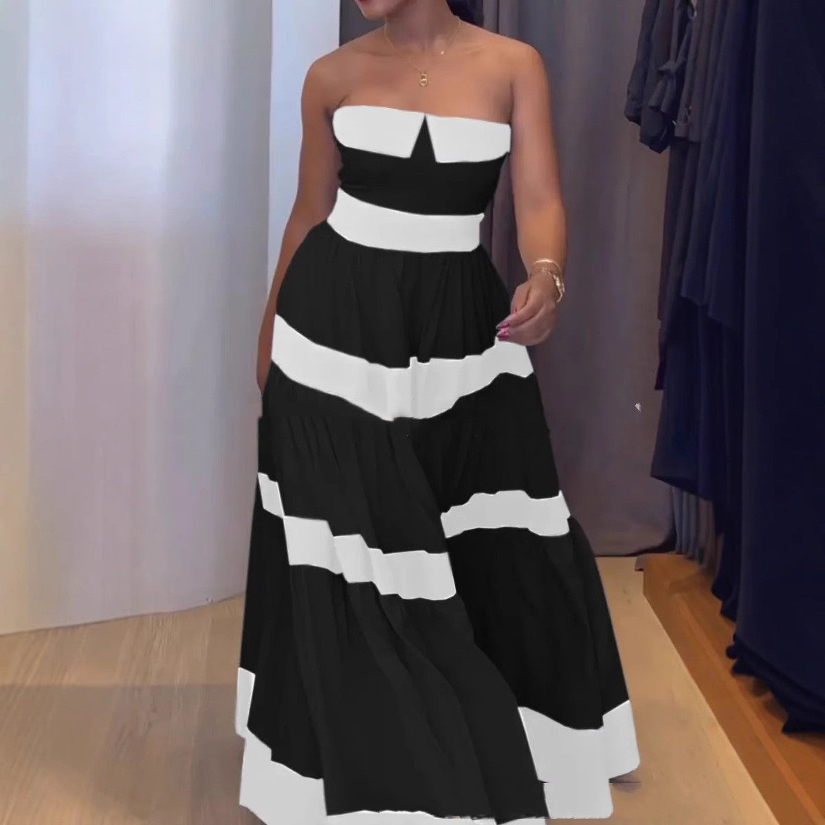 Elegant Contrast Color Off-the-shoulder Striped Dress