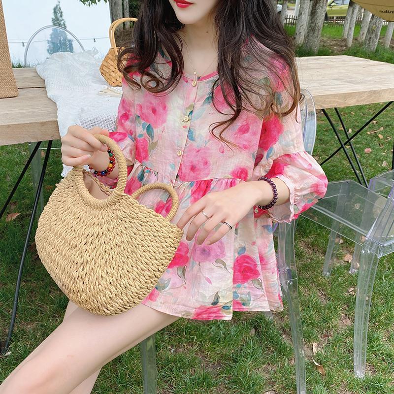 Doll-collar Top Summer New Arrival Loose-fit Vintage Puff-sleeve Blouse
