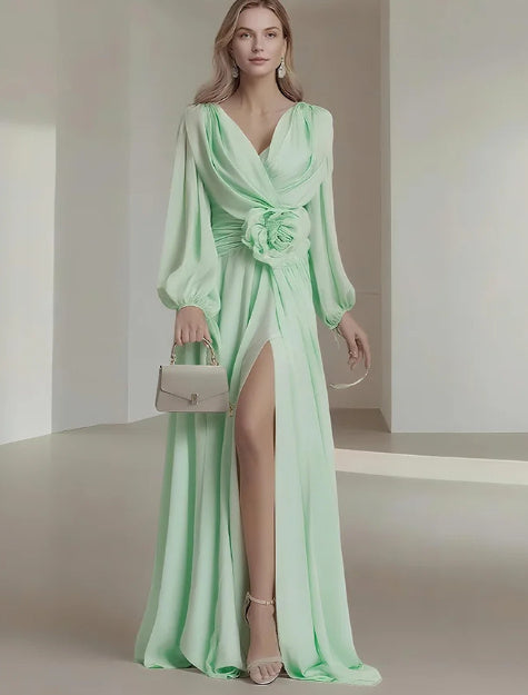 Flower Pleated Chiffon Wedding Dress Long Buff Sleeve Flowy V-neck Maxi Dress