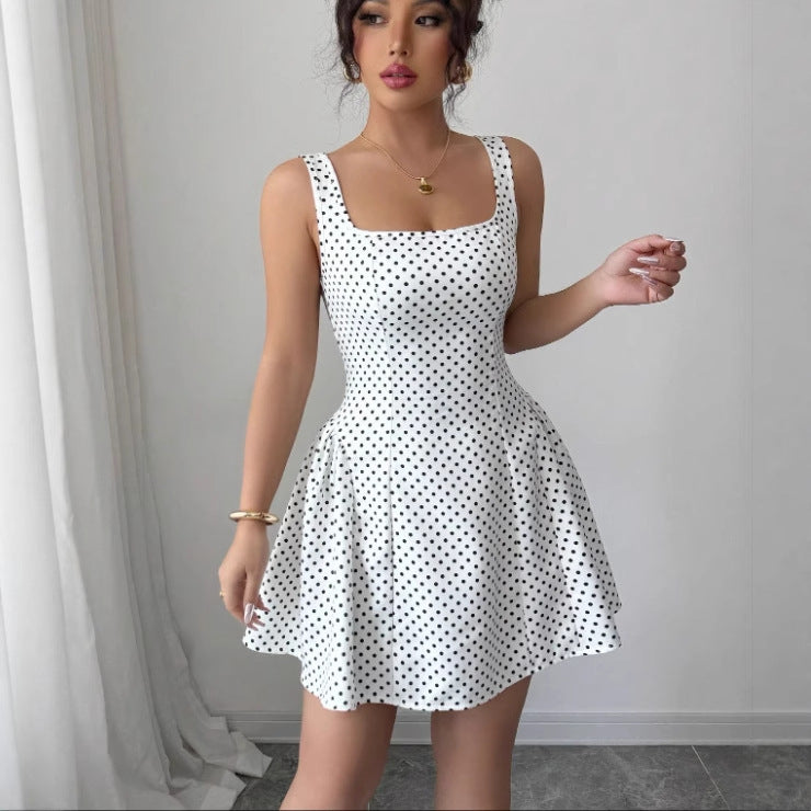 Pure Desire Wind Lace-up Waist Polka Dot Vest Dress