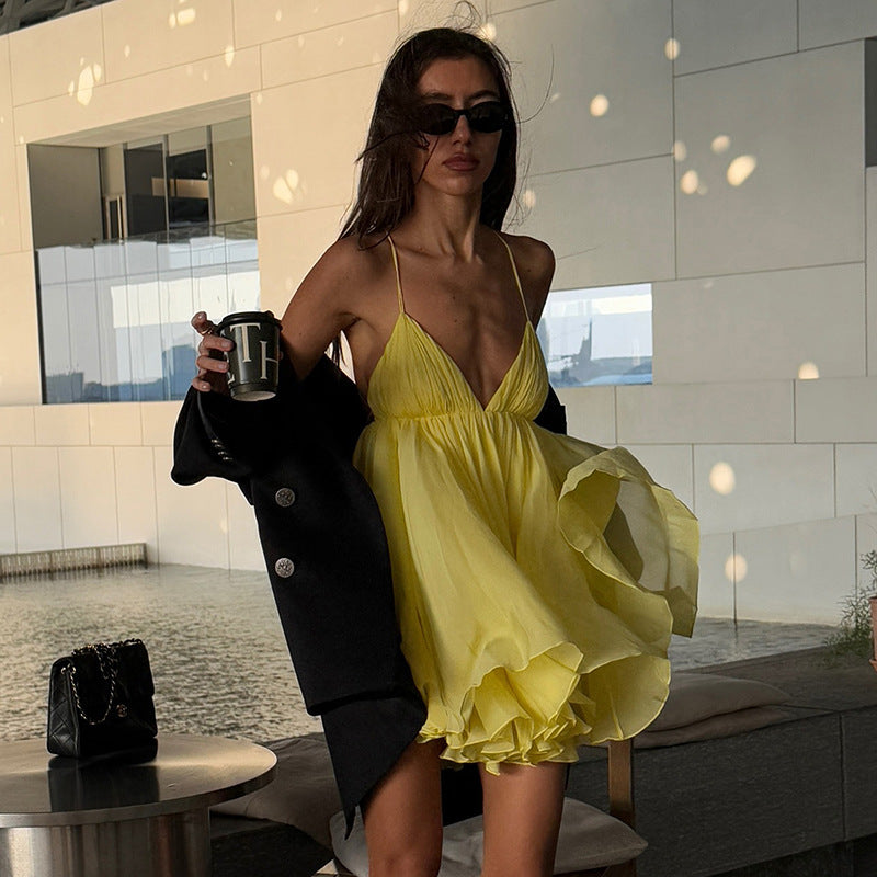 Elegant High-waisted V-neck Slip Dress With Strappy Back