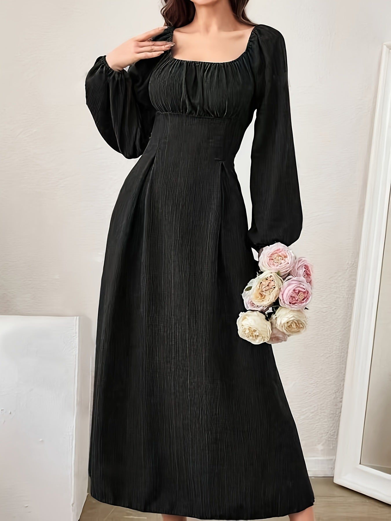 Stunning Textured Cross Tie Lantern Sleeve Midi Dress