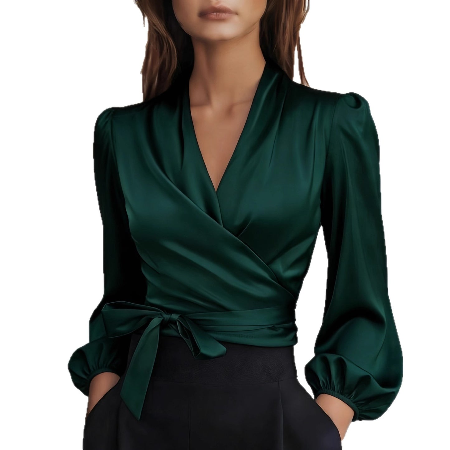 Womens Solid-Color V-Neck Elegant Satin-Bonded Shirt