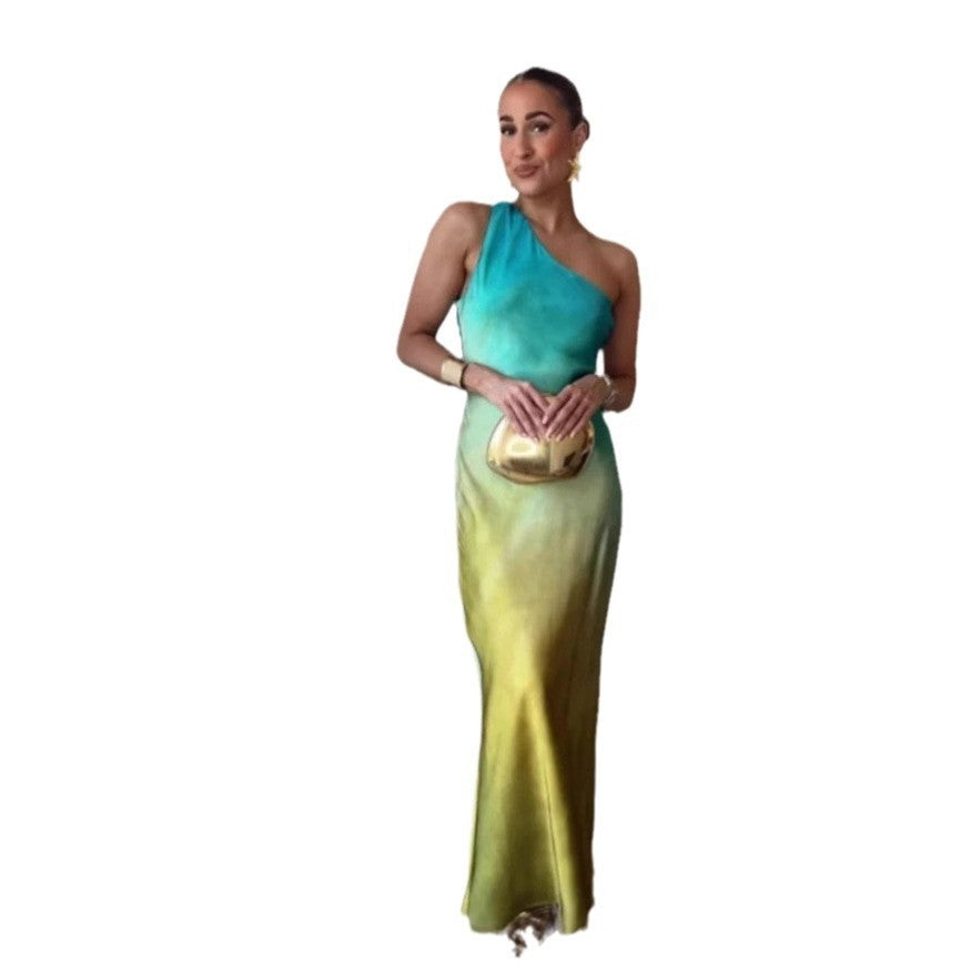 Women's Asymmetric Silk Satin Texture Backless Fashion Dress