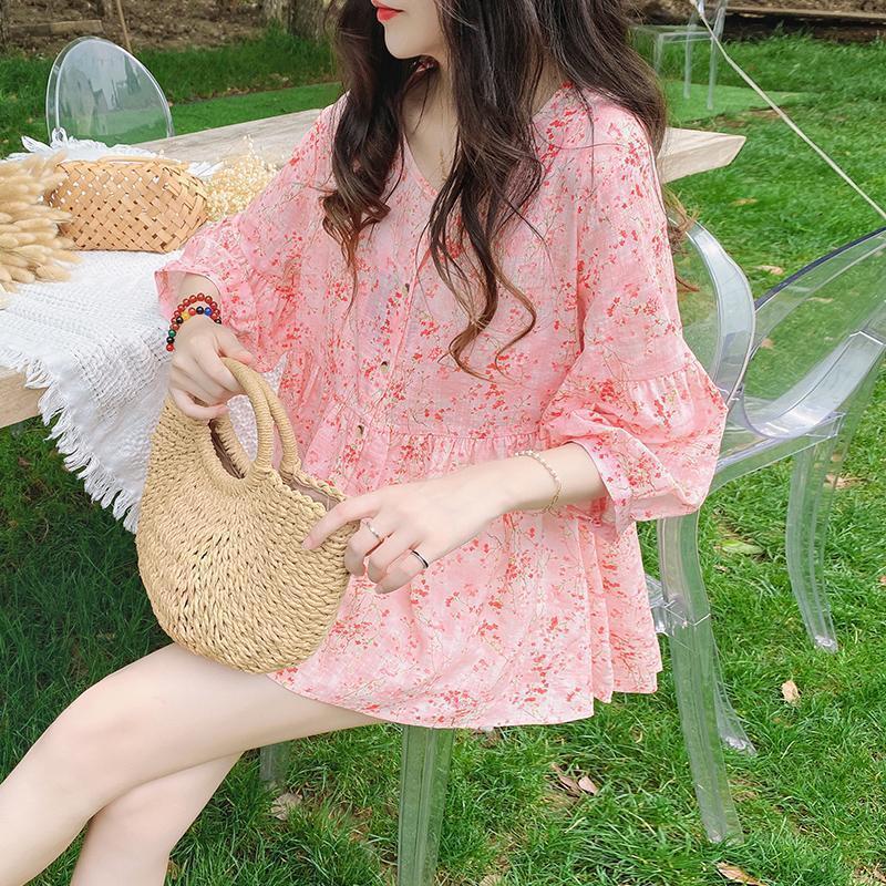 Doll-collar Top Summer New Arrival Loose-fit Vintage Puff-sleeve Blouse