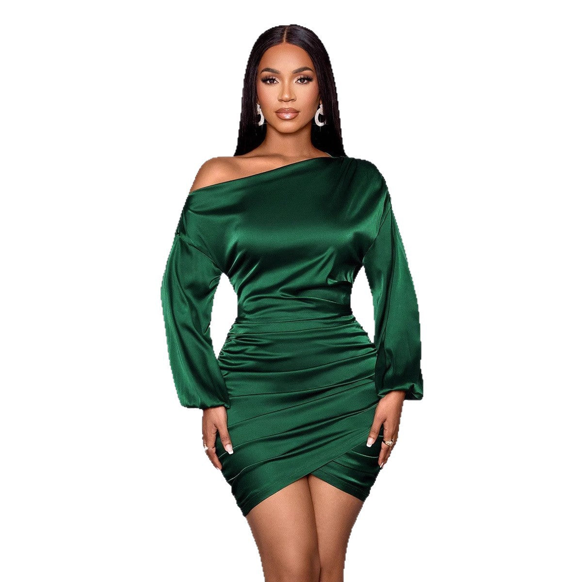 Womens Solid-Color One-Shoulder Long-Sleeve Satin Dress