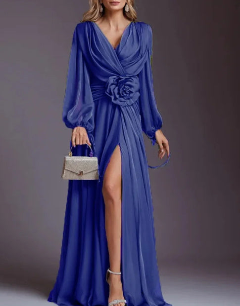 Flower Pleated Chiffon Wedding Dress Long Buff Sleeve Flowy V-neck Maxi Dress