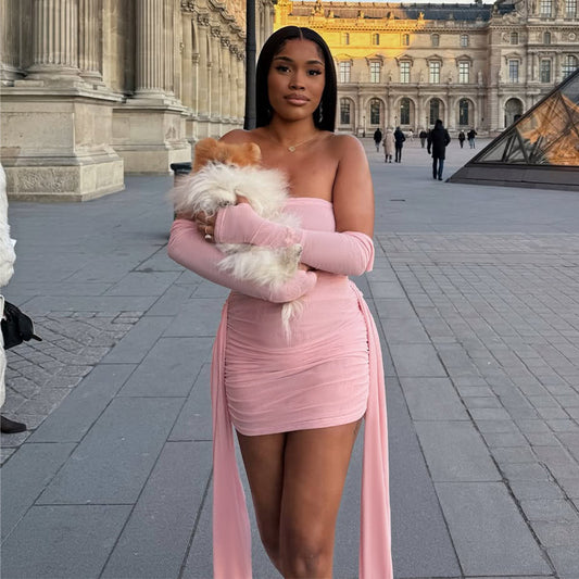 Elegant Pure Pleated Ribbon Sheath Sexy Tight Strapless Dress