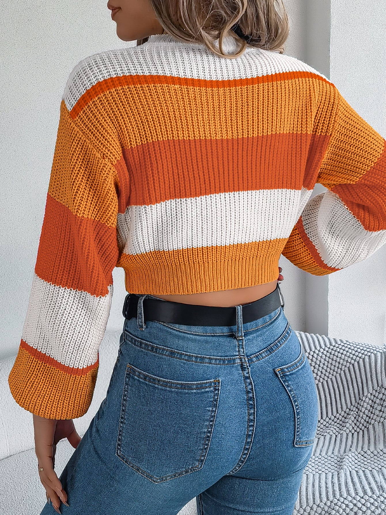 Women Casual Color Block Lantern Sleeve Cropped Pullover Sweater