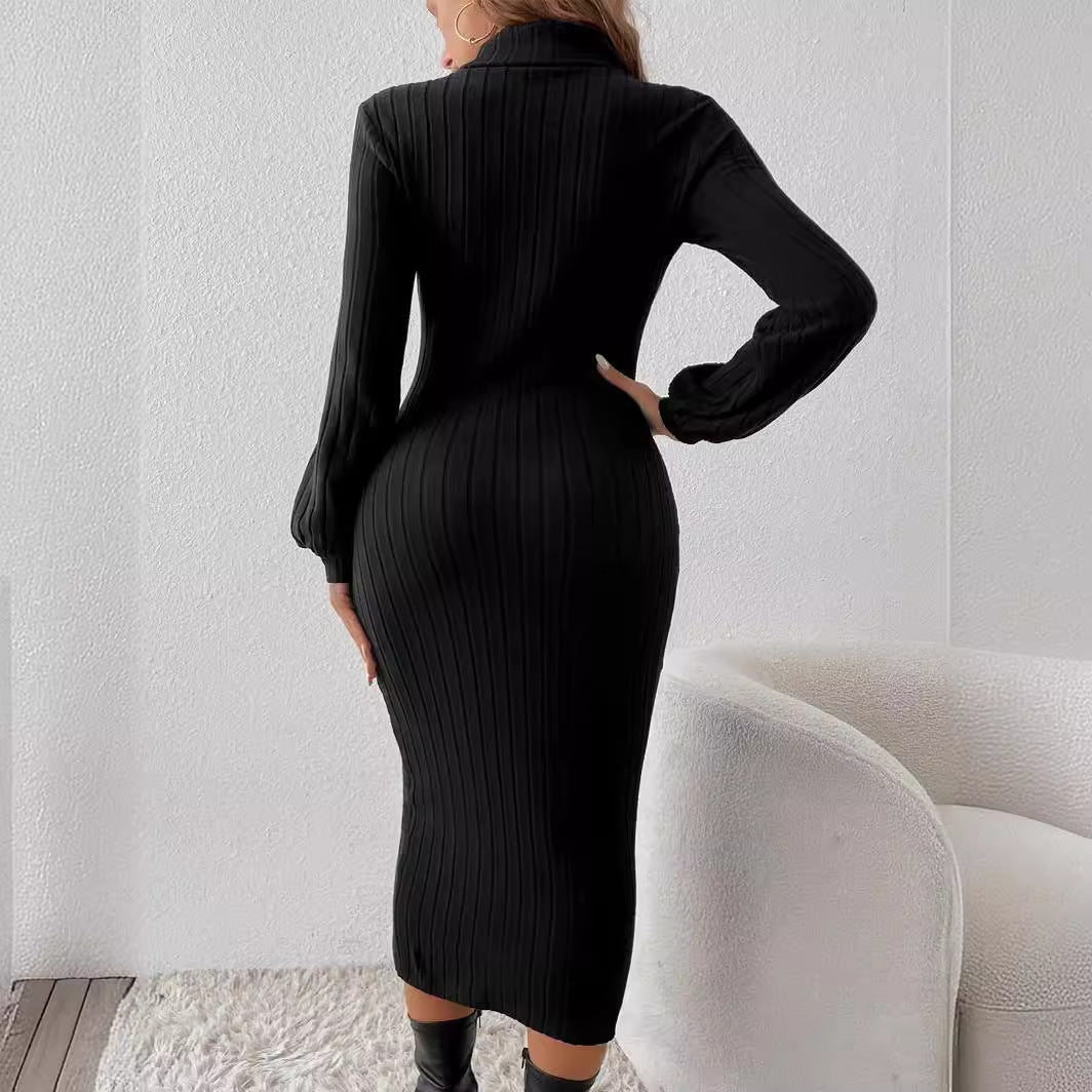 Women's Casual Fashion Solid Color Rib Fabric Turtleneck Long Sleeve Dress