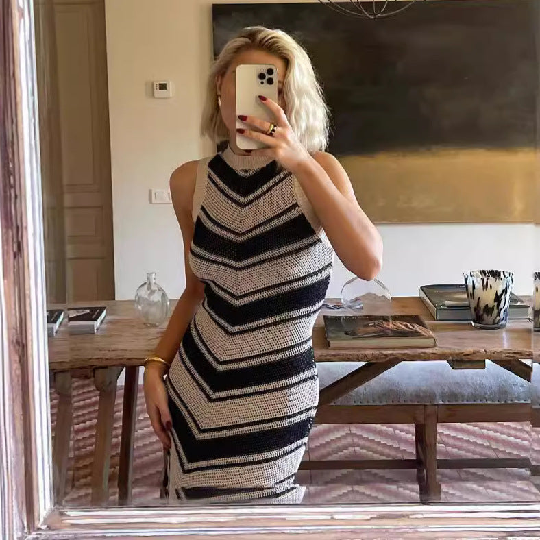 Sexy Tight Striped Tassel Knitted Dress