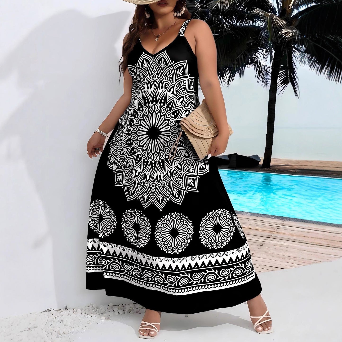 Bohemian Style Beach Floral Print Strapless Loose Dress