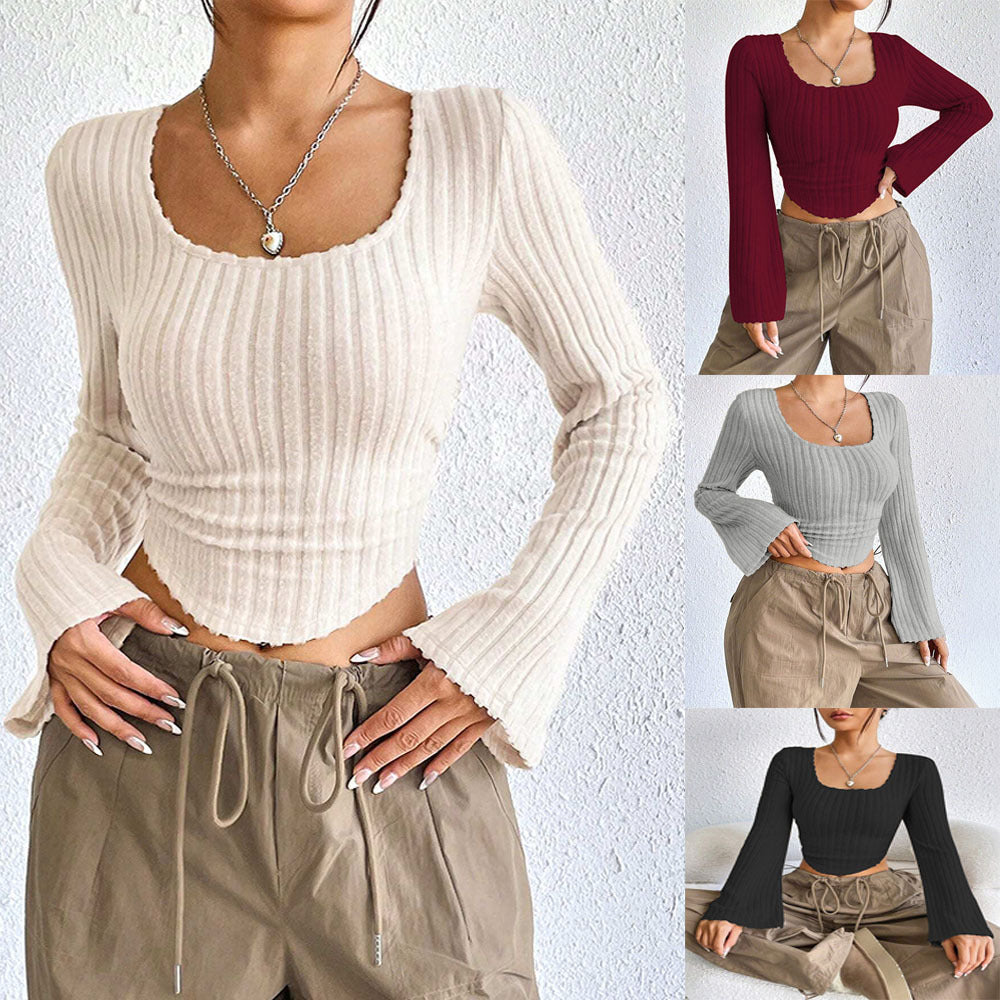 Autumn And Winter New Women's Fashion Elegant Style T-shirt Square Neck Bell Long Sleeve Top