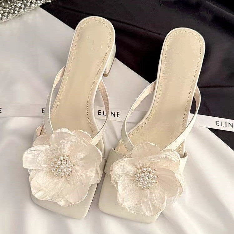 Fashion Flower Chunky Heel Square Toe One-line Women's Sandals