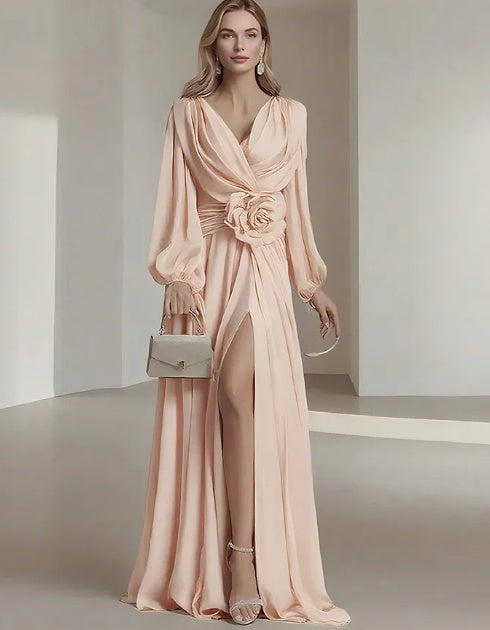 Flower Pleated Chiffon Wedding Dress Long Buff Sleeve Flowy V-neck Maxi Dress