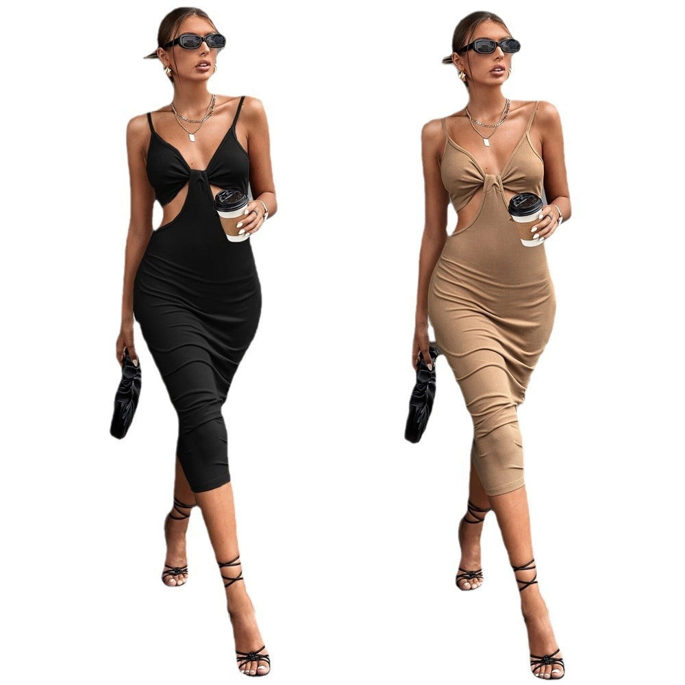New Solid Color Hollow Sexy V-neck Sleeveless Dress